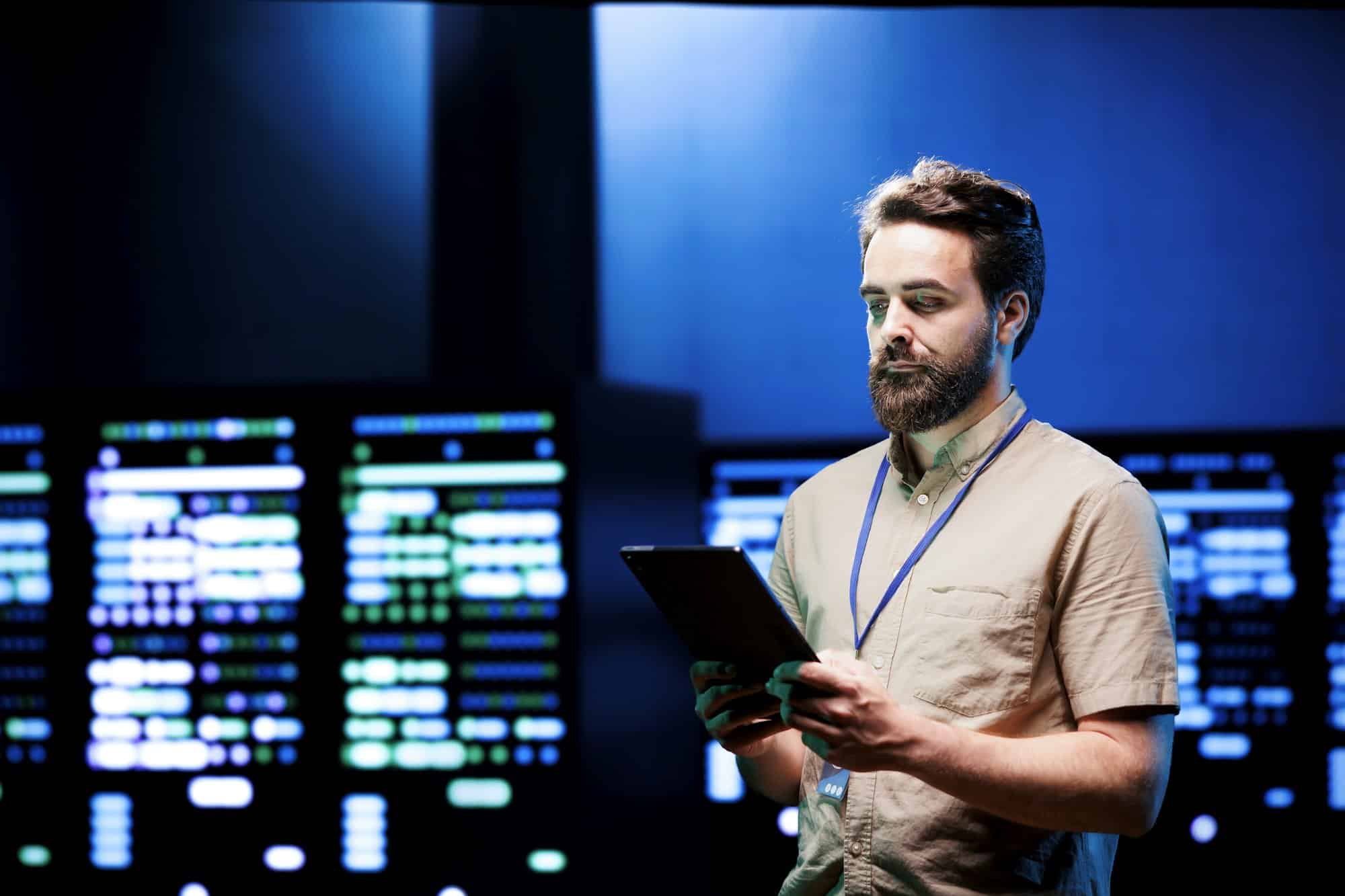 Admin walking in high tech data center
